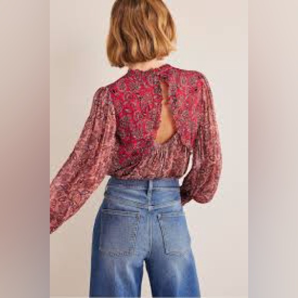 Boden Top Blouse Womens 10 Red Paisley Floral Ruffle Open Back Swing Feminine - Picture 15 of 16